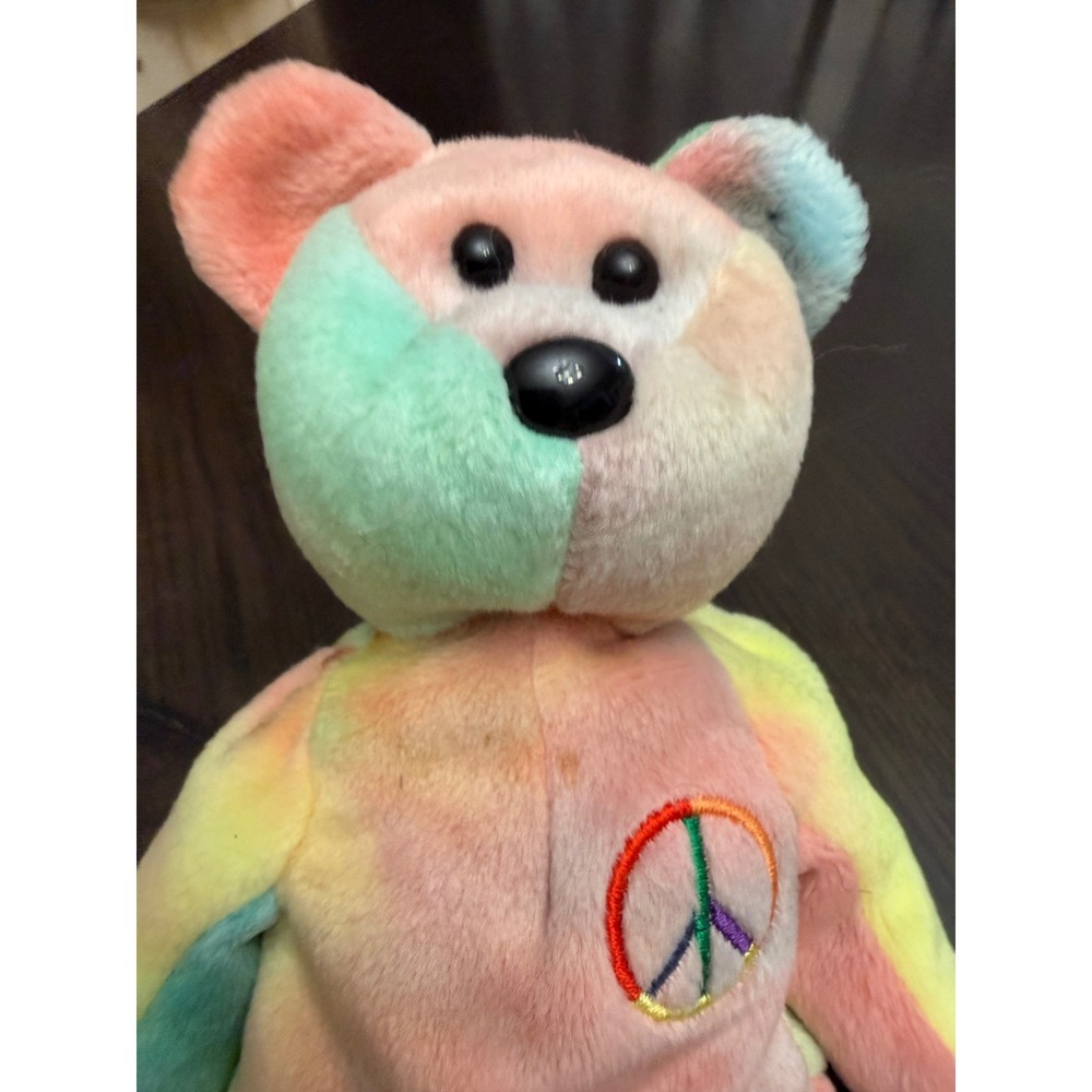 Ty Beanie Baby Peace Bear 1996 Tie Dye Rainbow Peace Sign Plush Toy Collectible